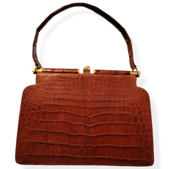 VINTAGE 1950s Industria Argentina Caiman Alligator Leather Purse Cognac Brown - Picture 1 of 17
